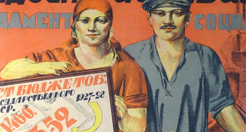 A woman and man depicted in a 1930s Soviet propaganda poster